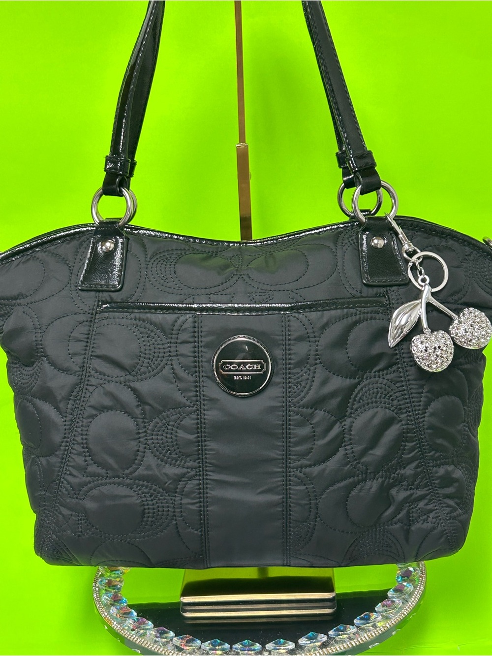 COACH Black Quilted Nylon Tote Bag with Charm Approx. 16 x 10.5 x 3.5